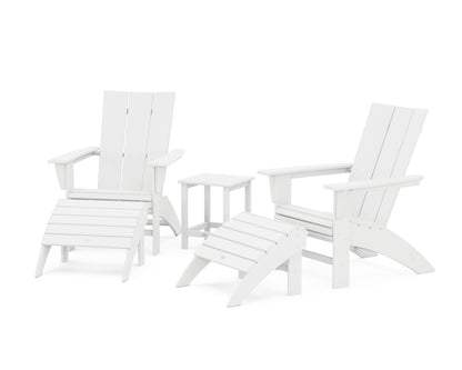 POLYWOOD® Modern Curveback Adirondack Chair 5-Piece Set with Ottomans and 18" Side Table in White