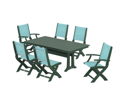 POLYWOOD® Coastal Folding Chair 7-Piece Farmhouse Dining Set with Trestle Legs in Green / Dupioni Aquamarine Sling
