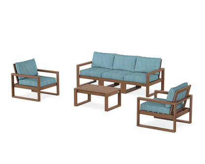 POLYWOOD® EDGE Sectional 4-Piece Deep Seating Set with Sofa in Teak / Lattice Sky Blue