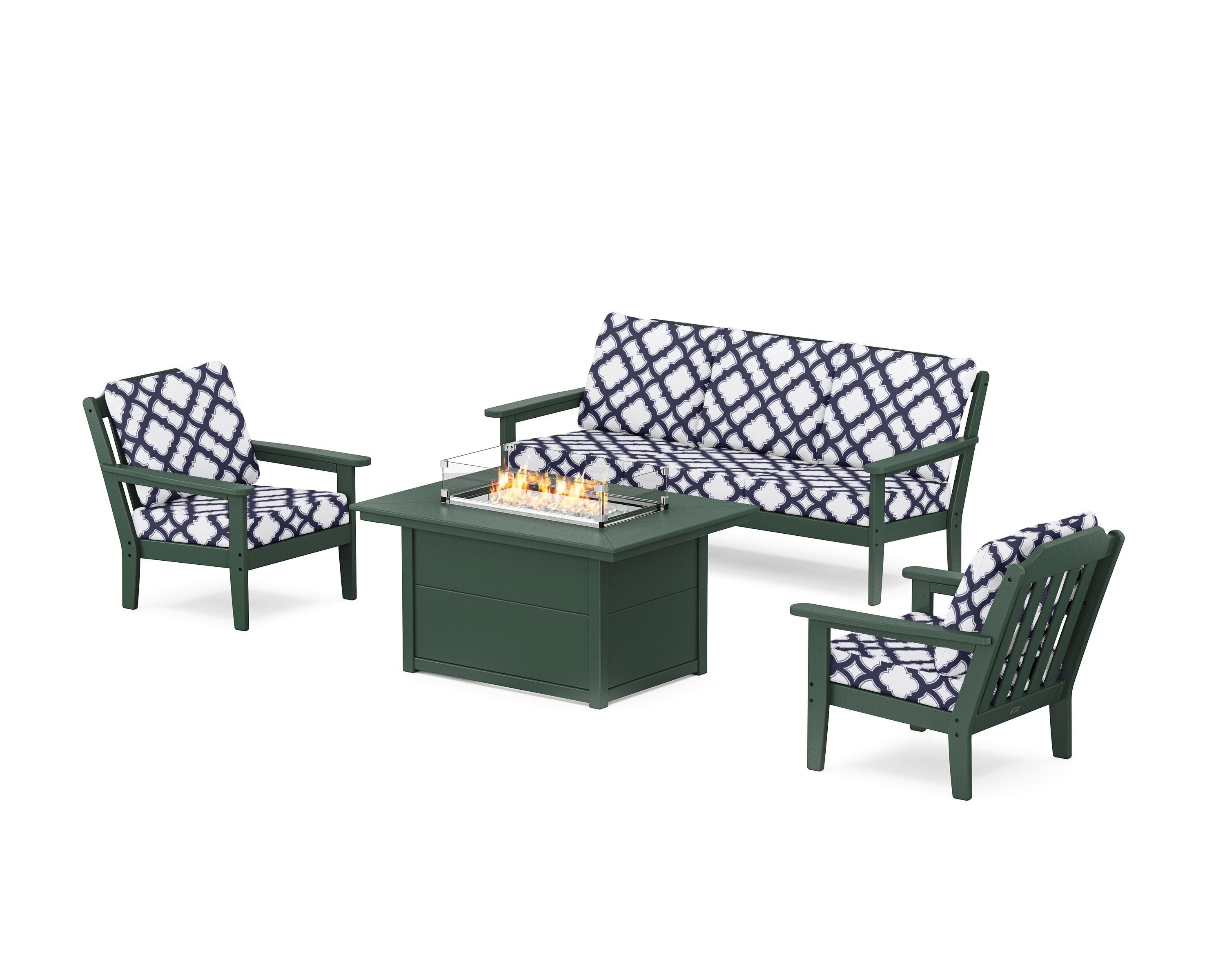 Country Living Cottage Deep Seating Fire Pit Table Set in Green / Trellis Navy