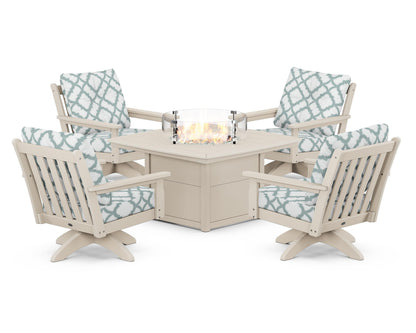 POLYWOOD® Vineyard 5-Piece Deep Seating Swivel Conversation Set with Fire Pit Table in Sand / Trellis Glacier Spa