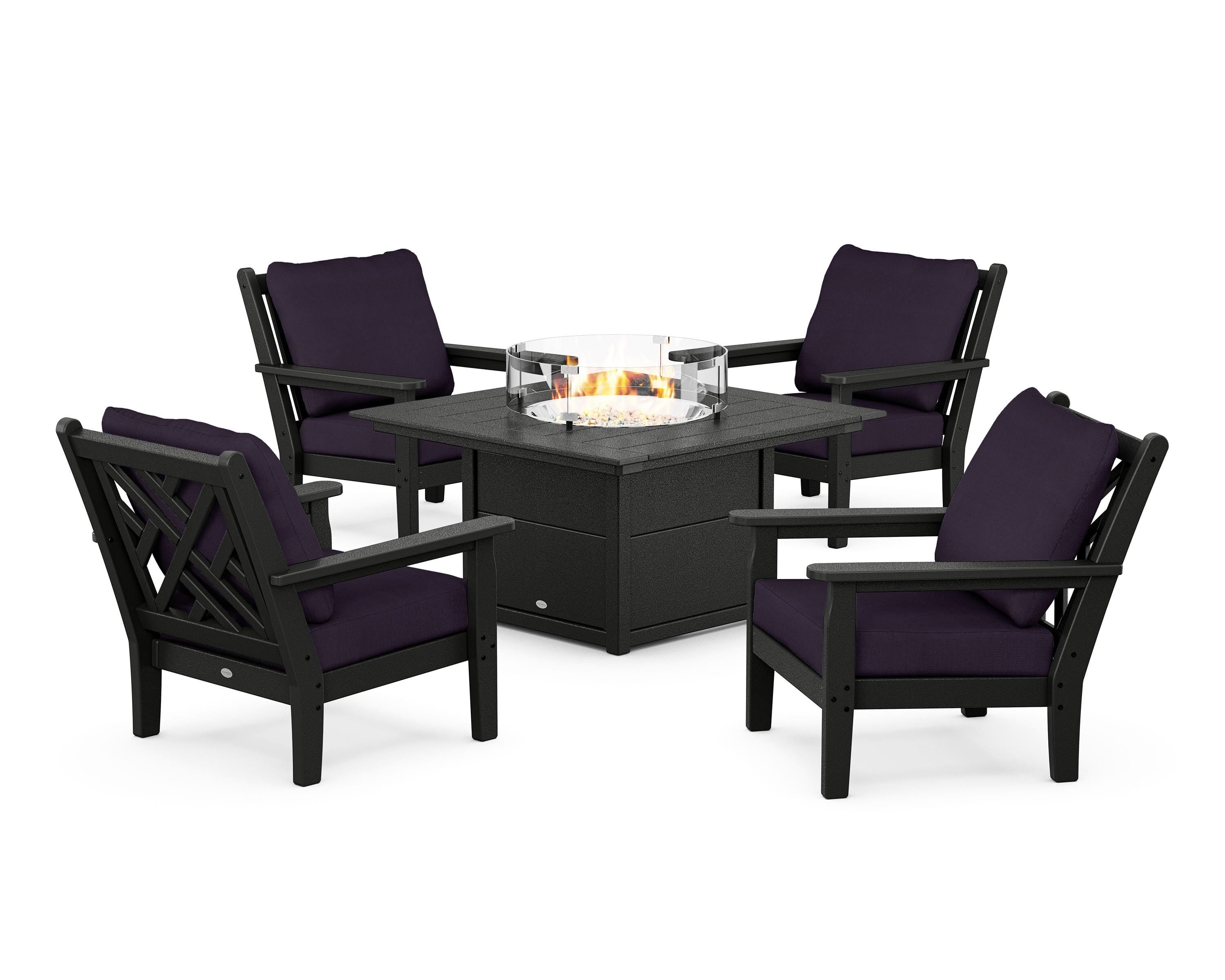 POLYWOOD® Chippendale 5-Piece Deep Seating Set with Fire Pit Table in Black / Navy Linen