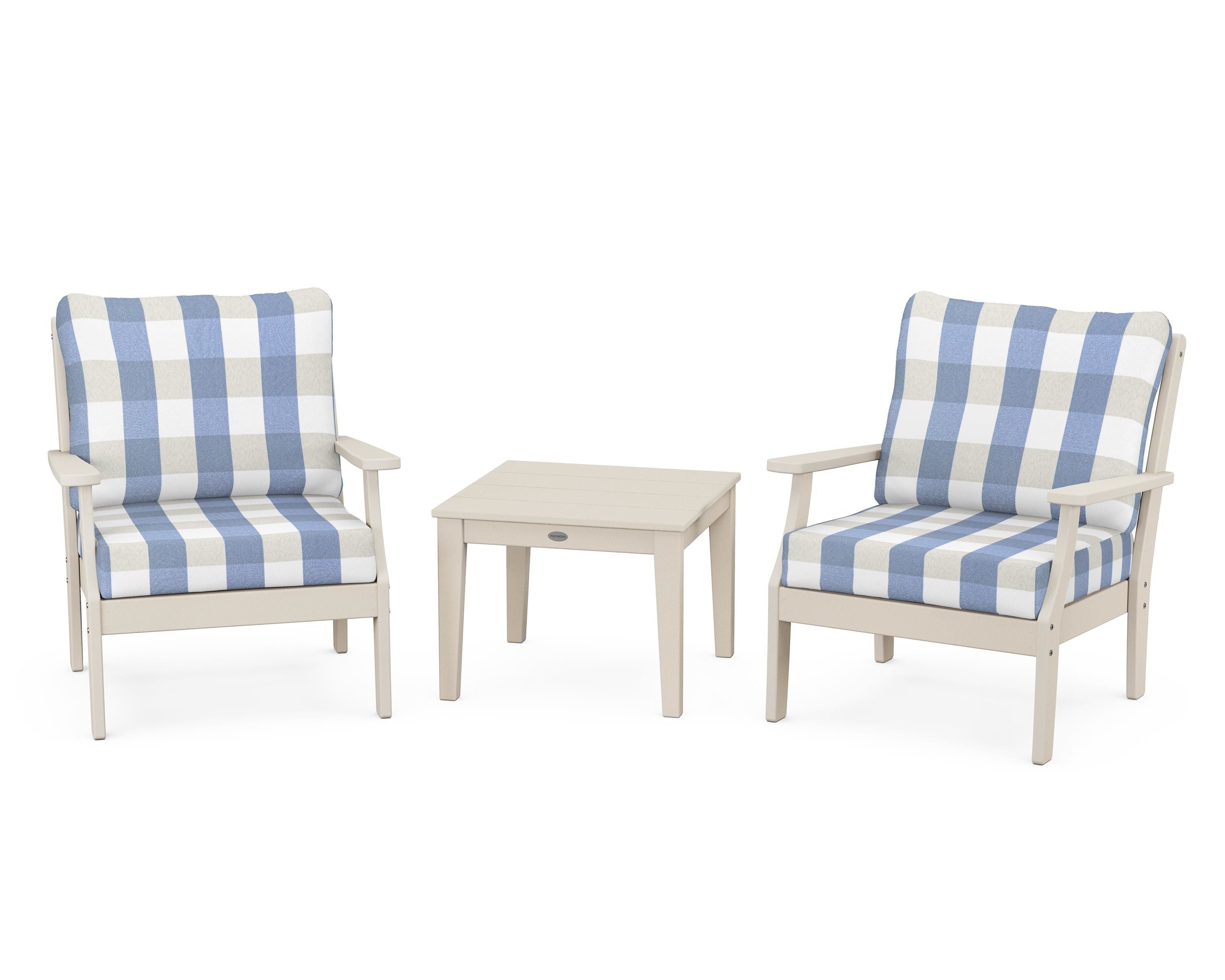 POLYWOOD® Braxton 3-Piece Deep Seating Set in Sand / Buffalo Plaid Sky Blue