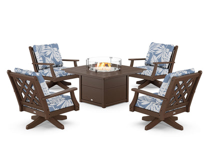 Country Living Wovendale 5-Piece Deep Seating Swivel Conversation Set with Fire Pit Table in Mahogany / Leaf Sky Blue