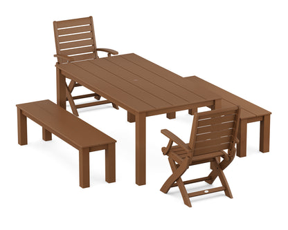 POLYWOOD® Signature Folding Chair 5-Piece Parsons Dining Set with Benches in Teak