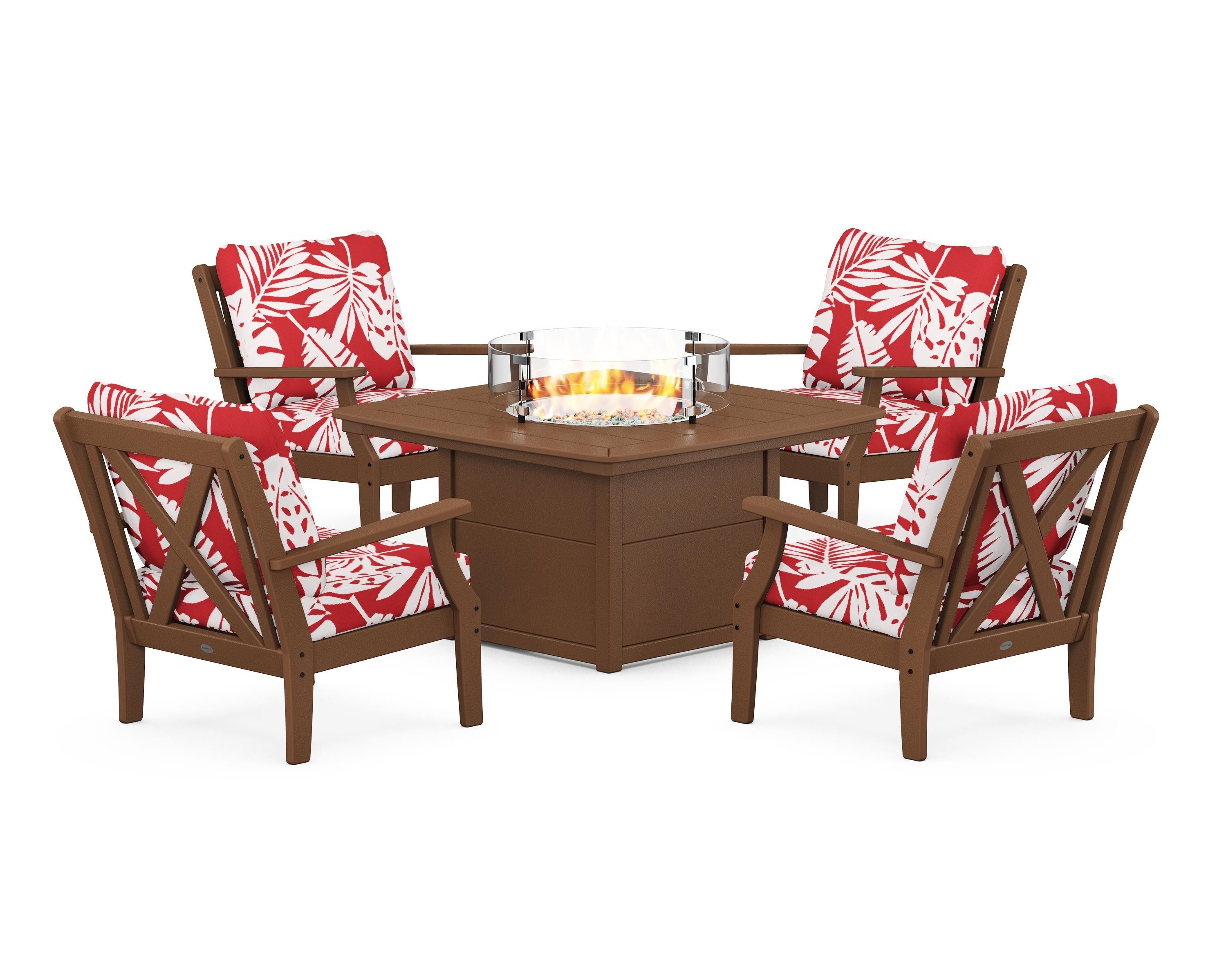 POLYWOOD® Braxton 5-Piece Deep Seating Conversation Set with Fire Pit Table in Teak / Leaf Crimson