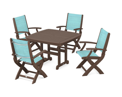 POLYWOOD® Coastal Folding Chair 5-Piece Dining Set in Mahogany / Dupioni Aquamarine Sling