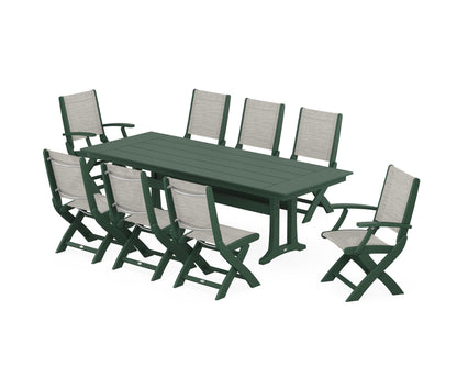 POLYWOOD® Coastal 9-Piece Folding Dining Chair Farmhouse Dining Set with Trestle Legs in Green / Birch Sling