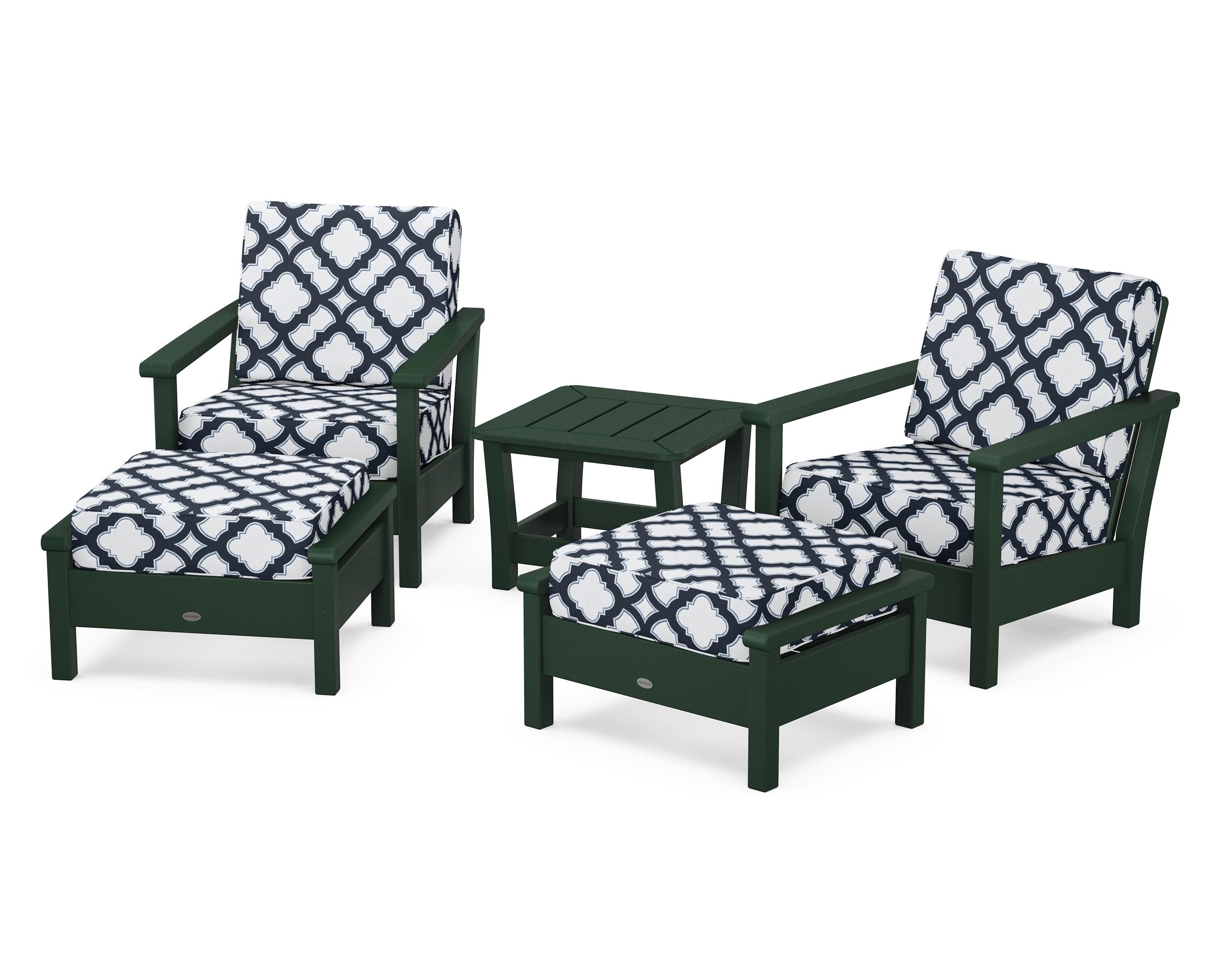 POLYWOOD® Harbour 5-Piece Deep Seating Chair Set in Green / Trellis Marine Indigo