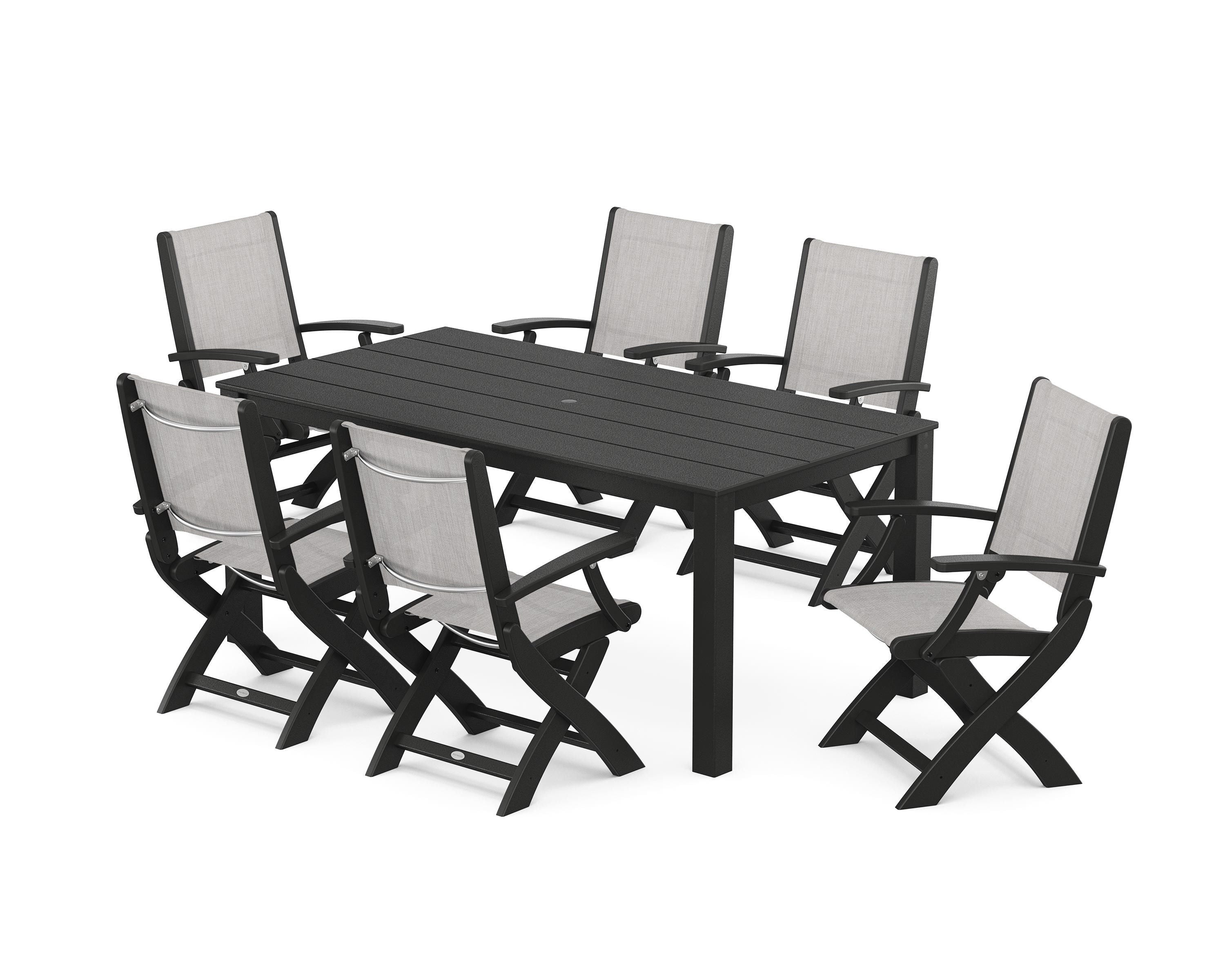 POLYWOOD® Coastal Folding Chair 7-Piece Parsons Dining Set in Black / Parchment Sling