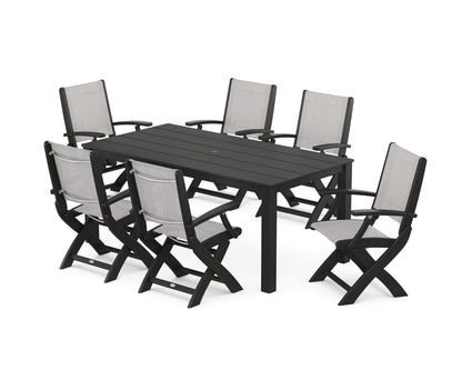POLYWOOD® Coastal Folding Chair 7-Piece Parsons Dining Set in Black / Parchment Sling