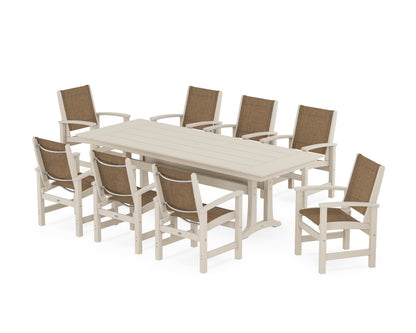 POLYWOOD® Coastal 9-Piece Farmhouse Dining Set with Trestle Legs in Sand / Burlap Sling