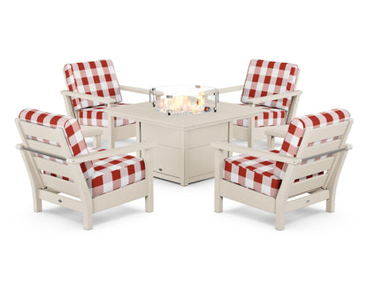 POLYWOOD® Harbour 5-Piece Conversation Set with Fire Pit Table in Sand / Buffalo Plaid Crimson