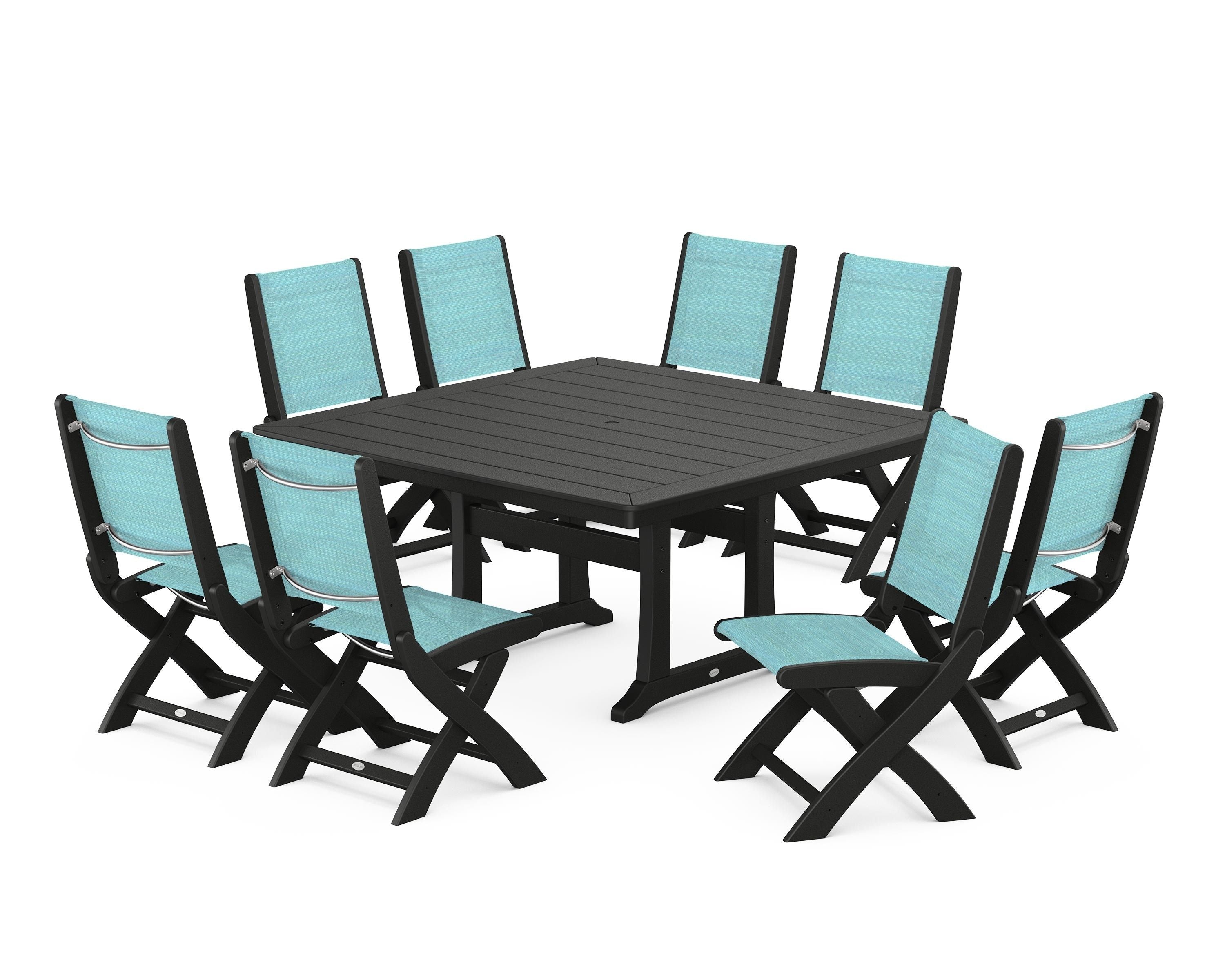 POLYWOOD® Coastal Folding Side Chair 9-Piece Dining Set with Trestle Legs in Black / Dupioni Aquamarine Sling