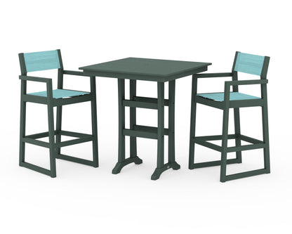 POLYWOOD® EDGE Sling Arm Chair 3-Piece Farmhouse Bar Set with Trestle Legs in Green / Dupioni Aquamarine Sling