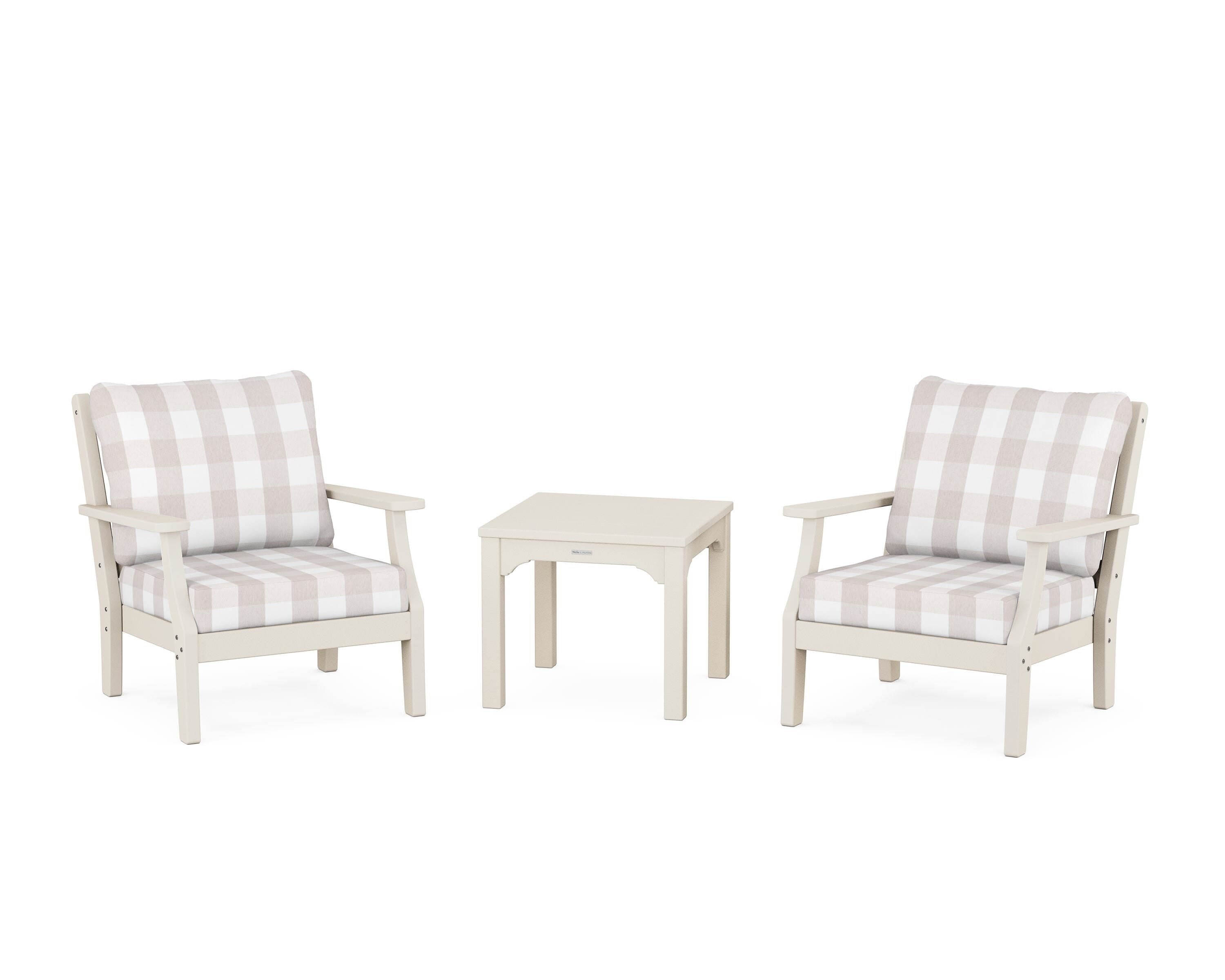 Martha Stewart by POLYWOOD® Chinoiserie 3-Piece Deep Seating Set in Sand / Buffalo Plaid Dune Burlap