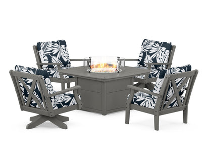 POLYWOOD® Braxton 5-Piece Deep Seating Set with Fire Table in Slate Grey / Leaf Marine Indigo
