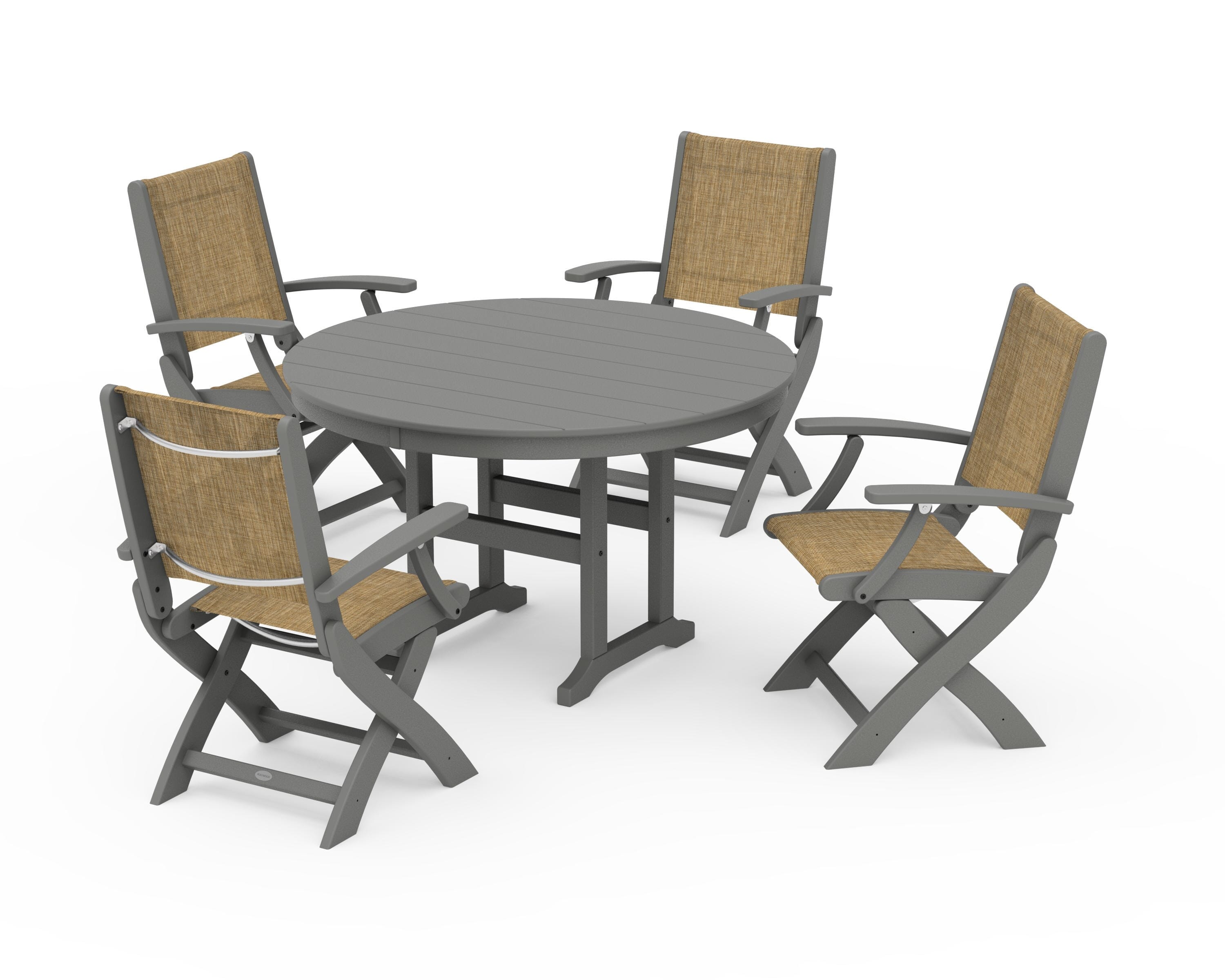 POLYWOOD® Coastal Folding Chair 5-Piece Round Dining Set in Slate Grey / Burlap Sling