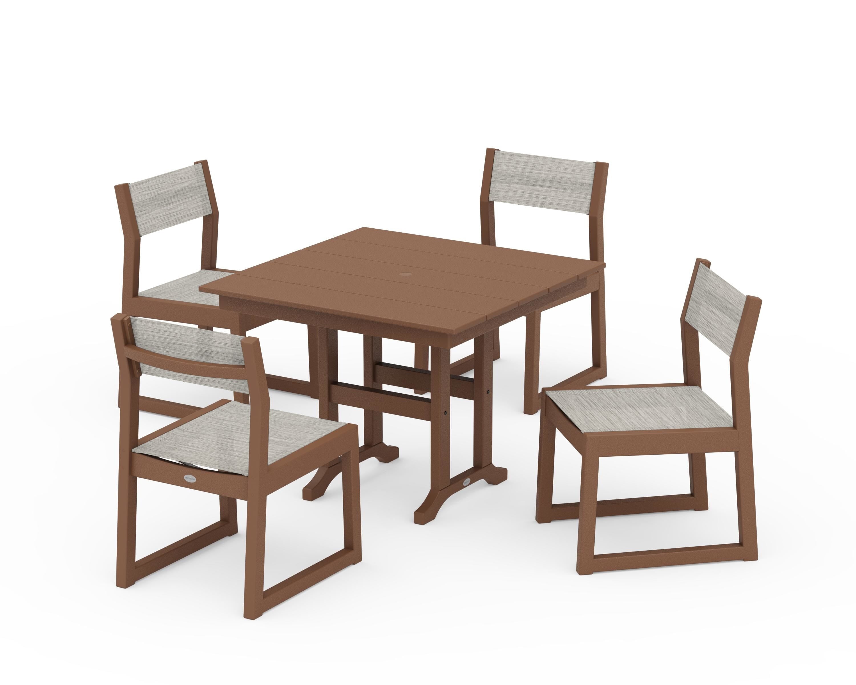 POLYWOOD® EDGE Sling Side Chair 5-Piece Farmhouse Dining Set in Teak / Birch Sling