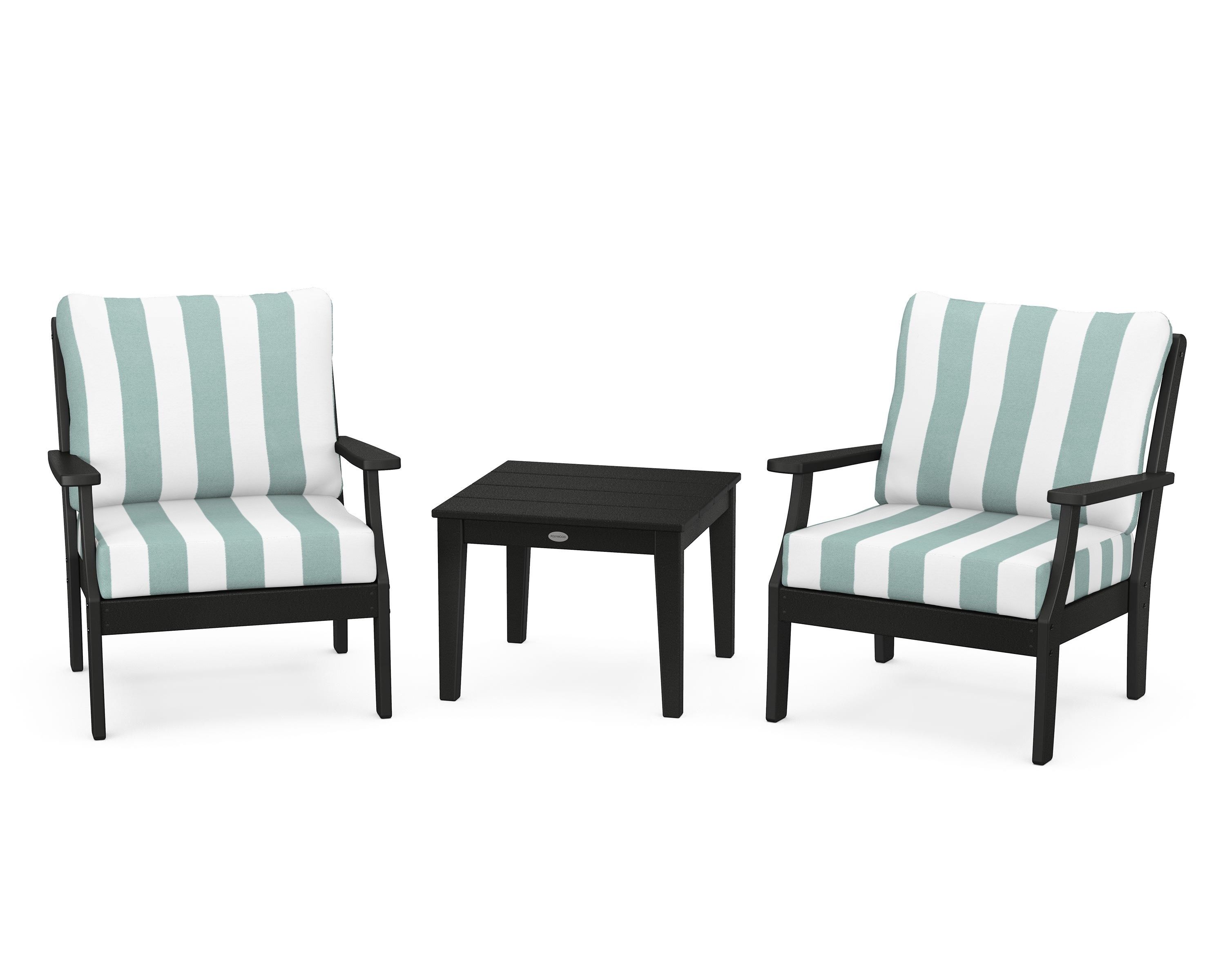 POLYWOOD® Braxton 3-Piece Deep Seating Set in Black / Cabana Stripe Glacier Spa