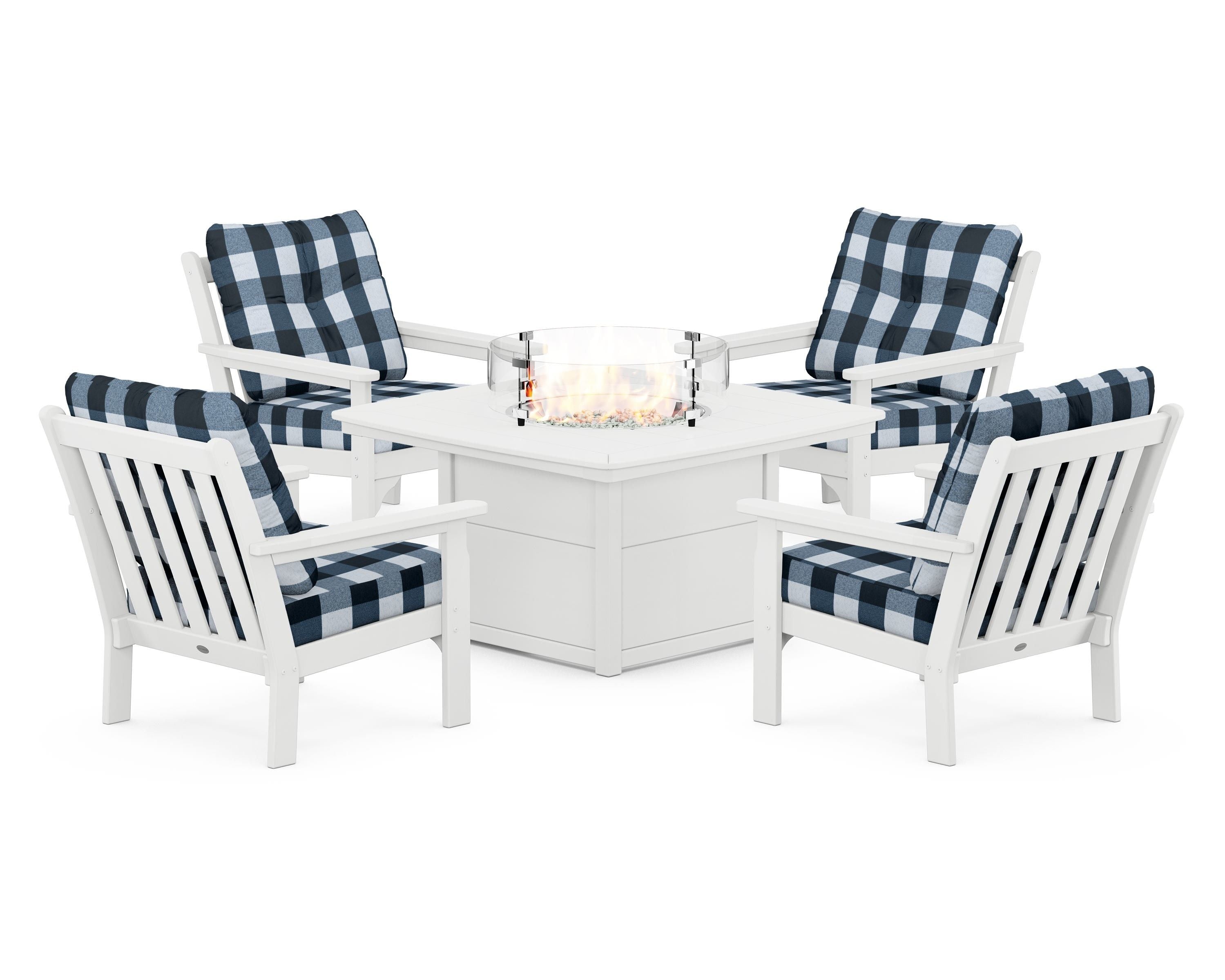 POLYWOOD® Vineyard 5-Piece Conversation Set with Fire Pit Table in White / Buffalo Plaid Marine Indigo