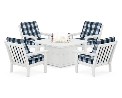 POLYWOOD® Vineyard 5-Piece Conversation Set with Fire Pit Table in White / Buffalo Plaid Marine Indigo