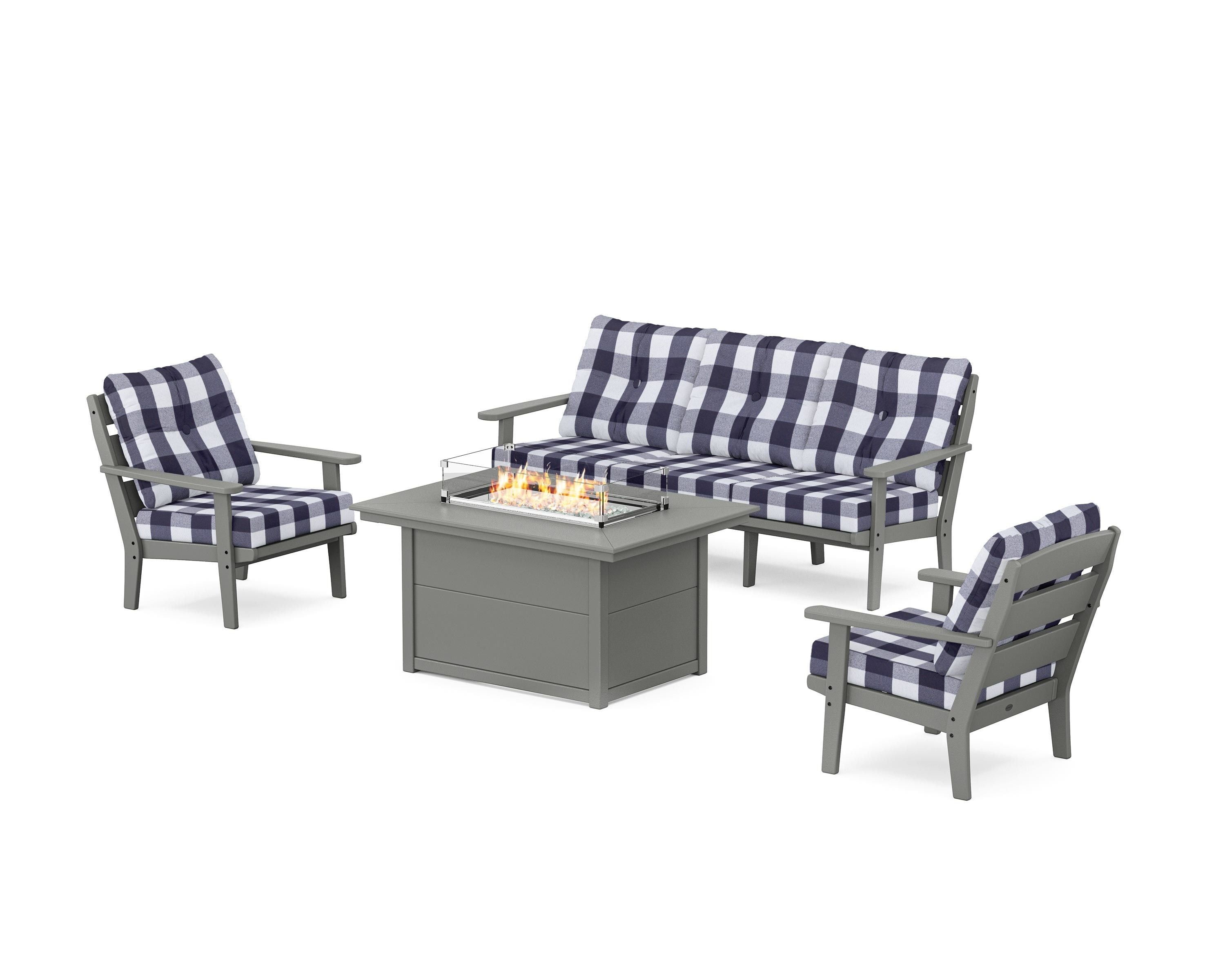 POLYWOOD® Lakeside Deep Seating Fire Pit Table Set in Slate Grey / Buffalo Plaid Navy
