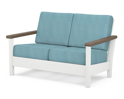 POLYWOOD® Harbour Deep Seating Loveseat in White / Kona / Lattice Sky Blue