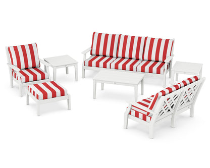 Country Living Wovendale 7-Piece Deep Seating Set in White / Cabana Stripe Crimson