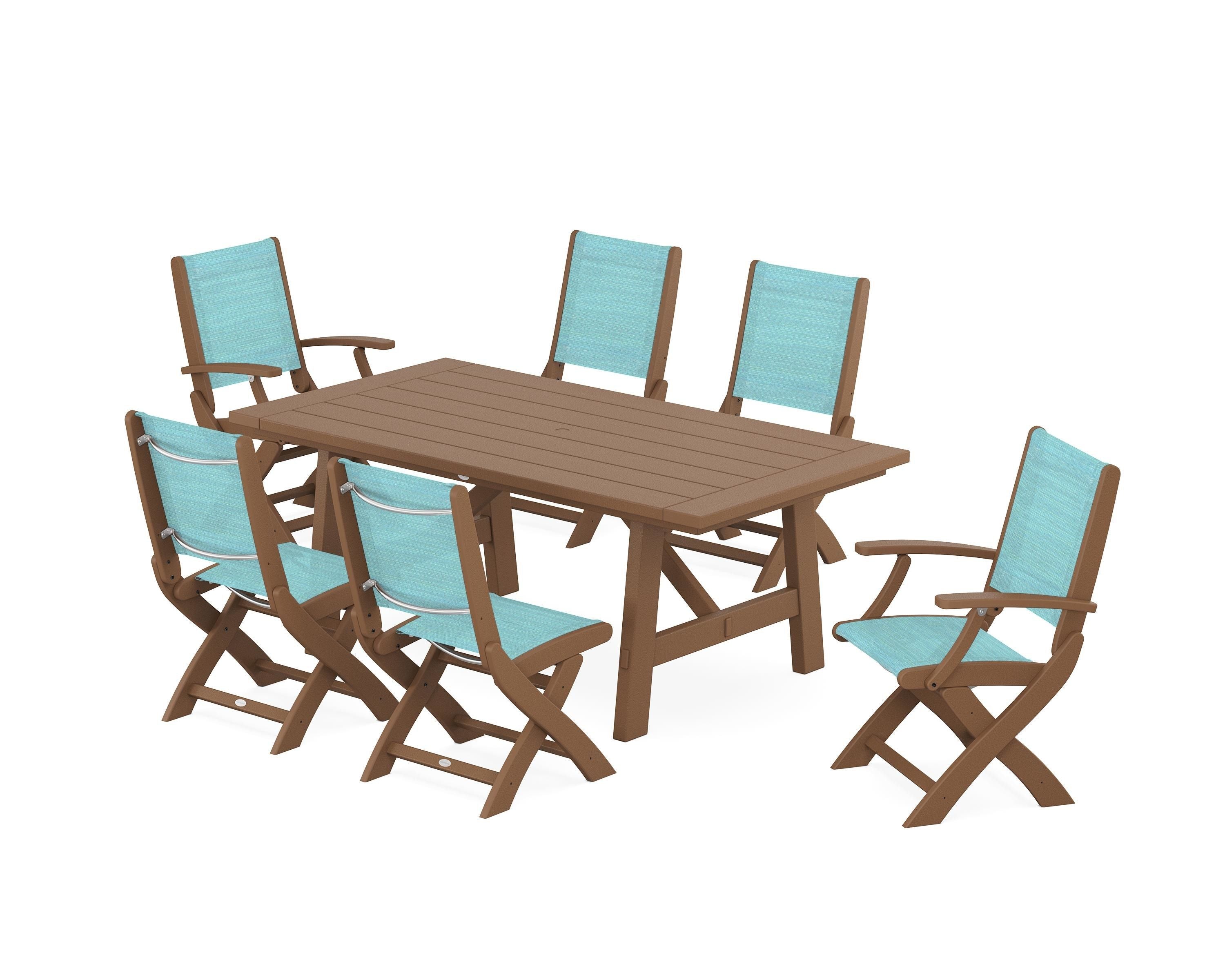 POLYWOOD® Coastal Folding Chair 7-Piece Rustic Farmhouse Dining Set in Teak / Dupioni Aquamarine Sling