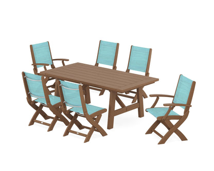 POLYWOOD® Coastal Folding Chair 7-Piece Rustic Farmhouse Dining Set in Teak / Dupioni Aquamarine Sling
