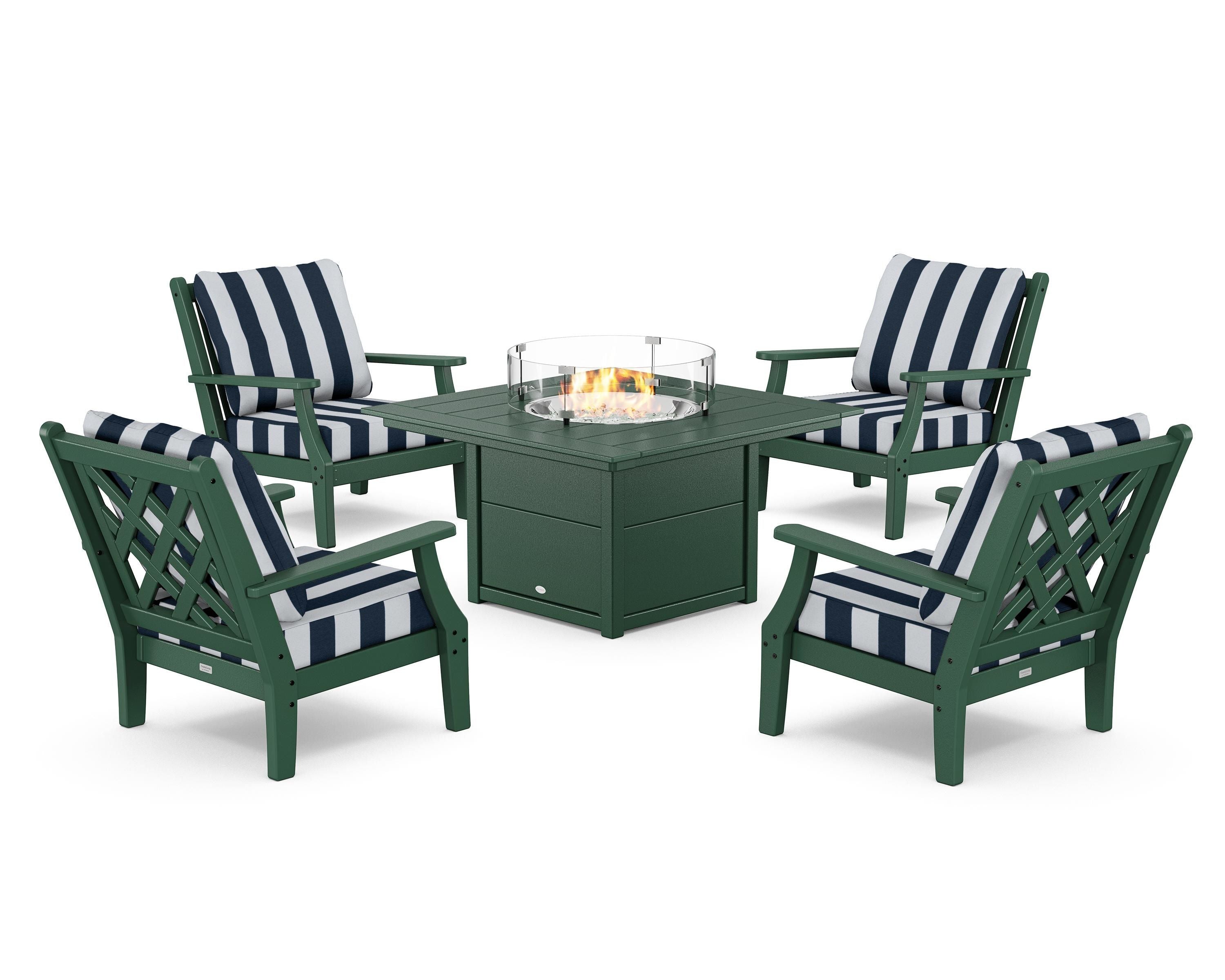 Country Living Wovendale 5-Piece Deep Seating Set with Fire Pit Table in Green / Cabana Stripe Marine Indigo