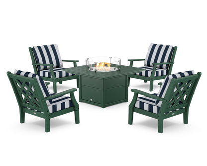 Country Living Wovendale 5-Piece Deep Seating Set with Fire Pit Table in Green / Cabana Stripe Marine Indigo