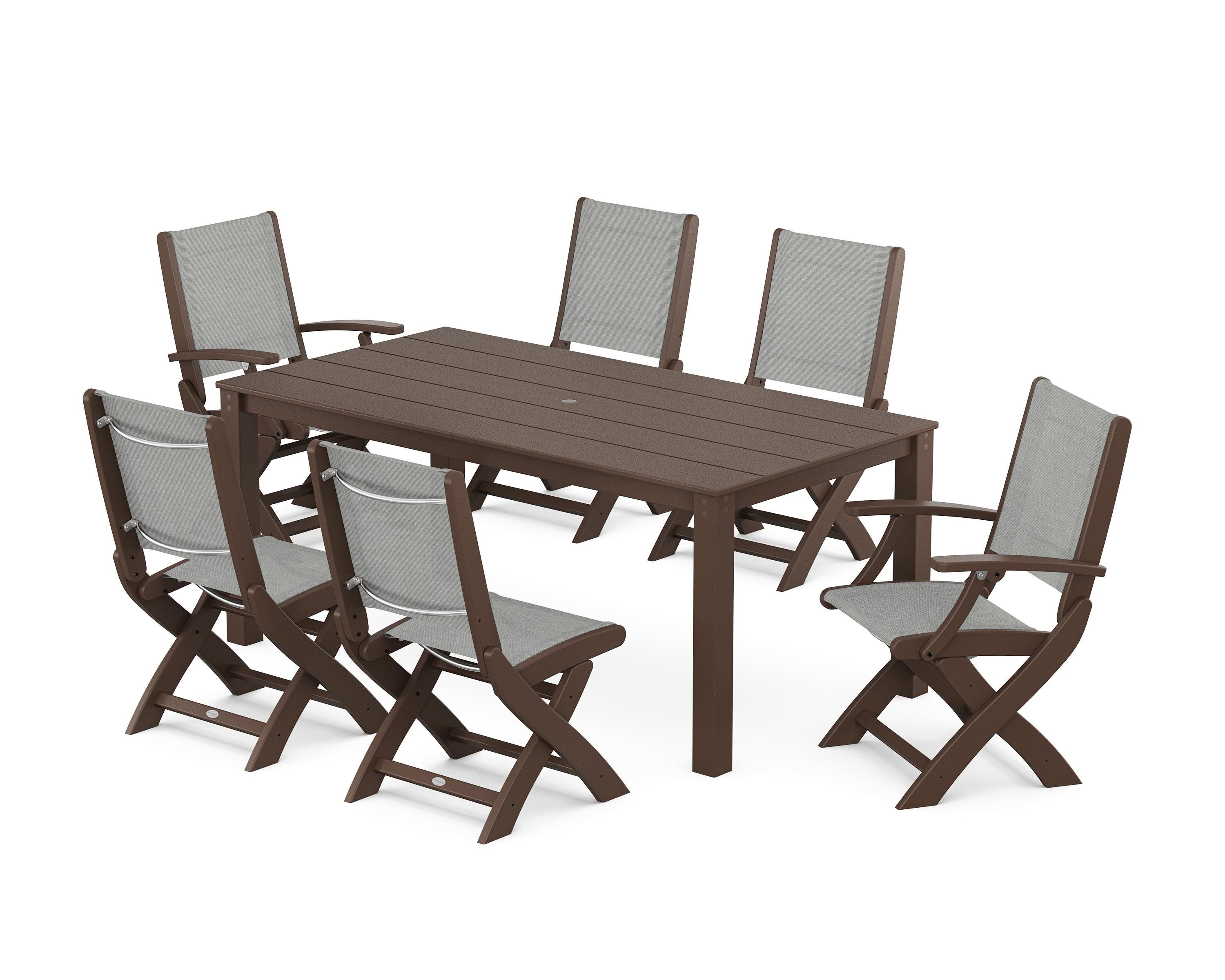 POLYWOOD® Coastal Folding Chair 7-Piece Parsons Dining Set in Mahogany / Metallic Sling