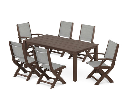 POLYWOOD® Coastal Folding Chair 7-Piece Parsons Dining Set in Mahogany / Metallic Sling