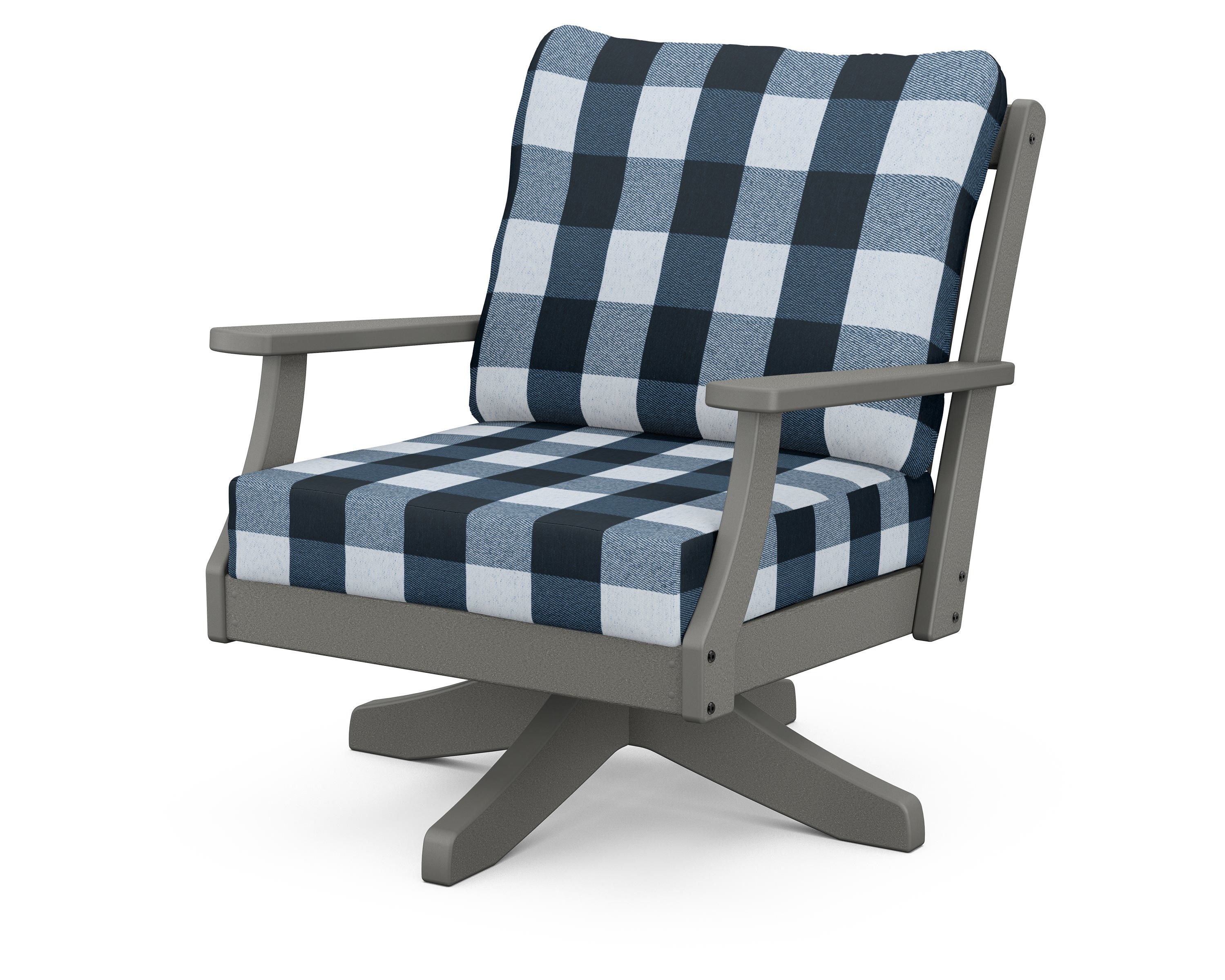 POLYWOOD® Braxton Deep Seating Swivel Chair in Slate Grey / Buffalo Plaid Marine Indigo