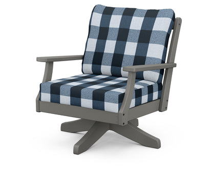 POLYWOOD® Braxton Deep Seating Swivel Chair in Slate Grey / Buffalo Plaid Marine Indigo