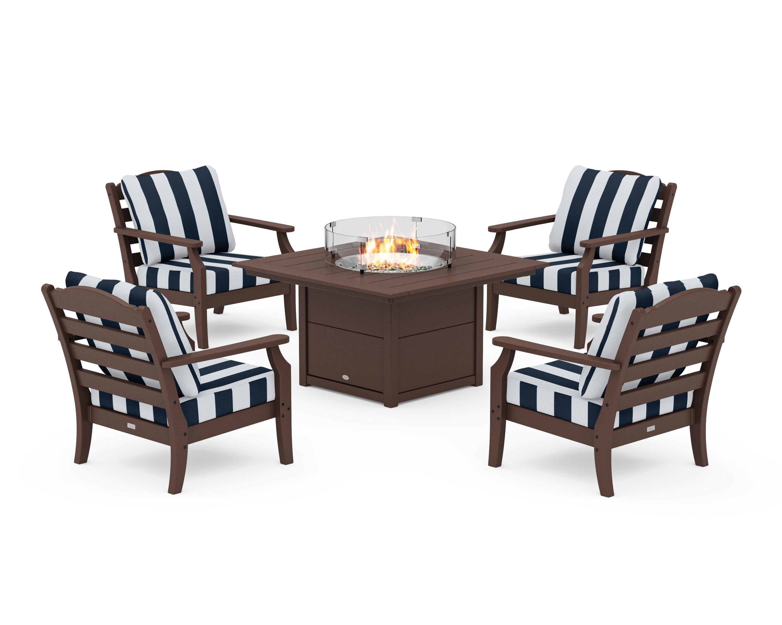 Draper James™ by  POLYWOOD® Savannah 5-Piece Deep Seating Set with Fire Pit Table in Mahogany / Cabana Stripe Marine Indigo