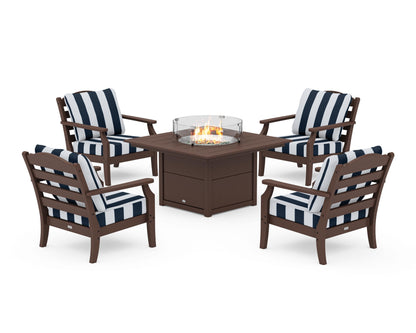Draper James™ by  POLYWOOD® Savannah 5-Piece Deep Seating Set with Fire Pit Table in Mahogany / Cabana Stripe Marine Indigo