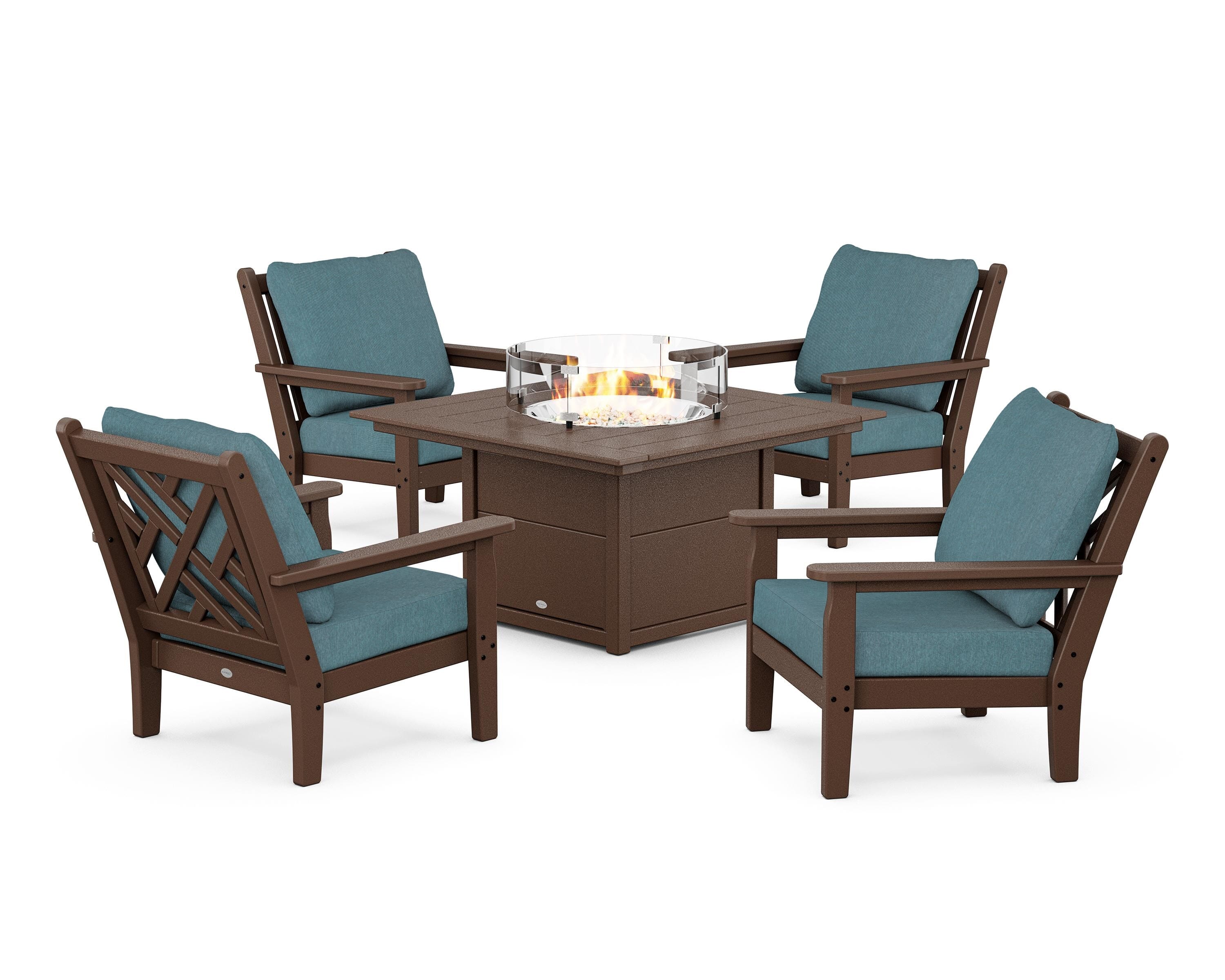 POLYWOOD® Chippendale 5-Piece Deep Seating Set with Fire Pit Table in Mahogany / Ocean Teal
