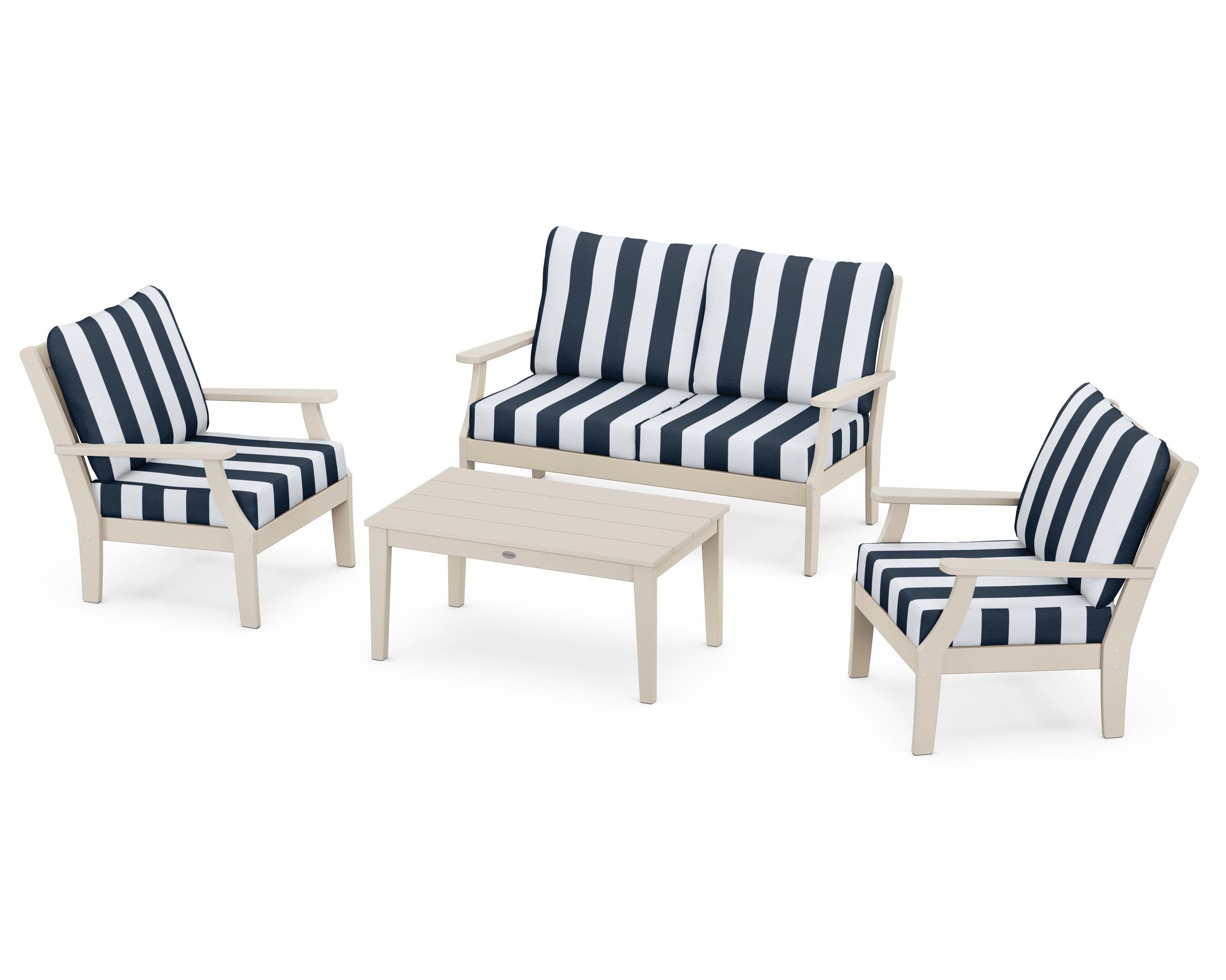POLYWOOD® Braxton 4-Piece Deep Seating Chair Set in Sand / Cabana Stripe Marine Indigo