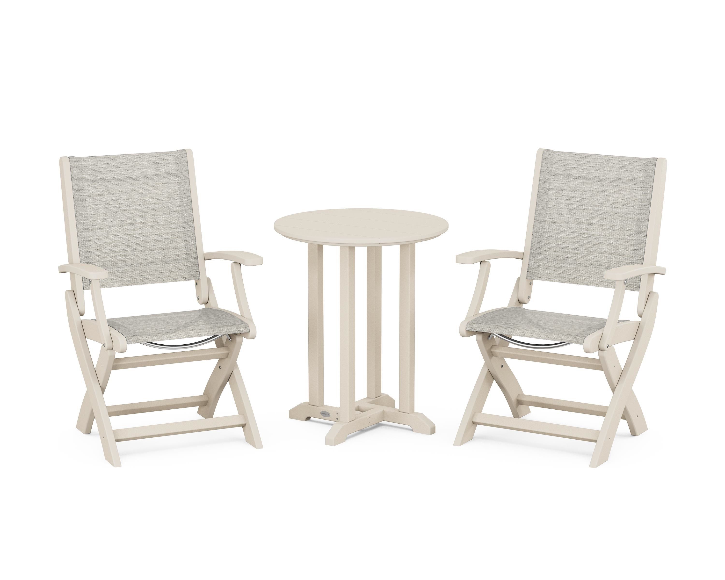 POLYWOOD® Coastal Folding 3-Piece Round Bistro Dining Set in Sand / Birch Sling