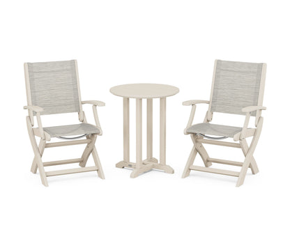 POLYWOOD® Coastal Folding 3-Piece Round Bistro Dining Set in Sand / Birch Sling