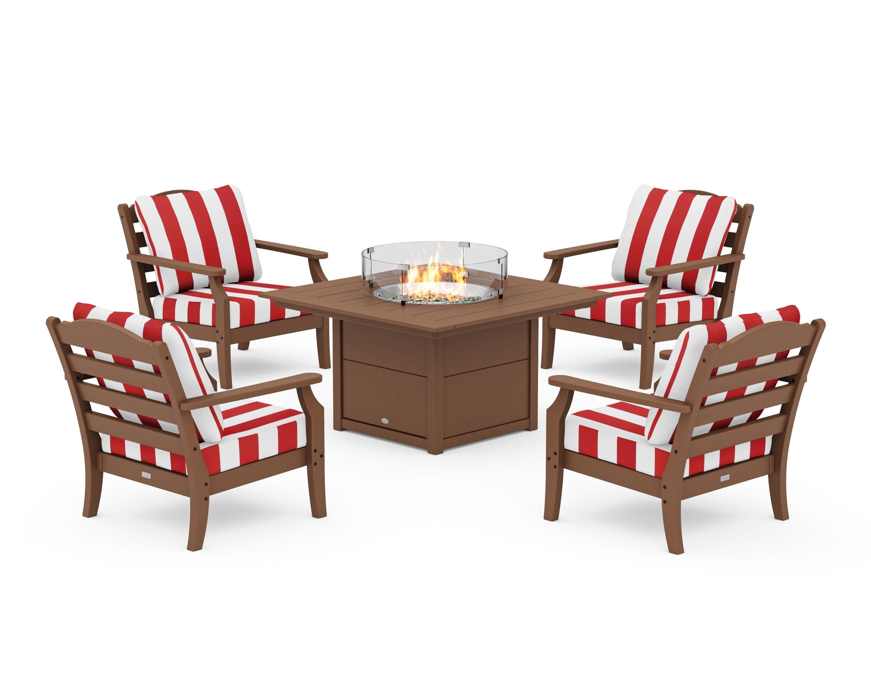 Draper James™ by  POLYWOOD® Savannah 5-Piece Deep Seating Set with Fire Pit Table in Teak / Cabana Stripe Crimson
