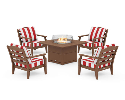 Draper James™ by  POLYWOOD® Savannah 5-Piece Deep Seating Set with Fire Pit Table in Teak / Cabana Stripe Crimson