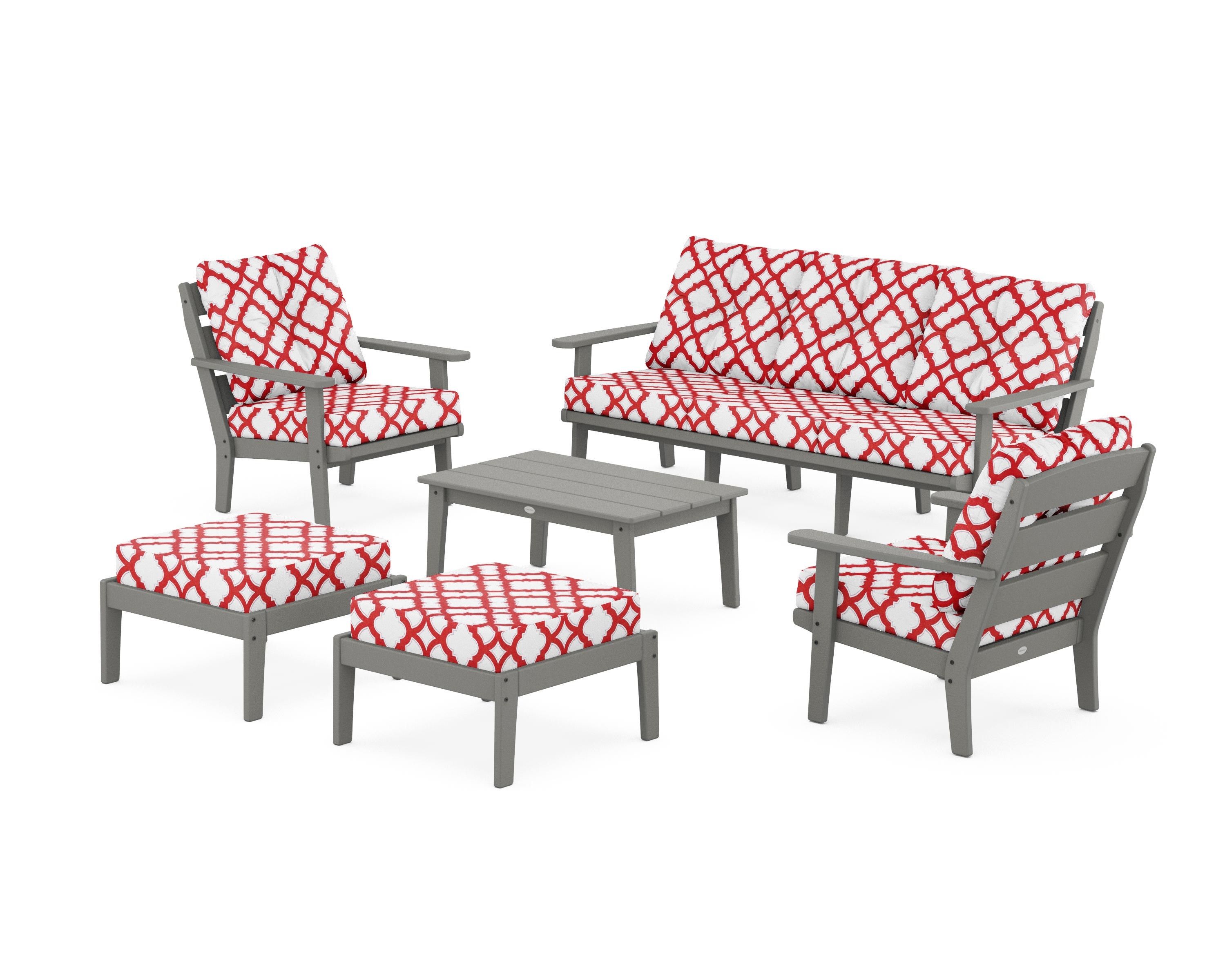 POLYWOOD® Lakeside 6-Piece Lounge Sofa Set in Slate Grey / Trellis Crimson