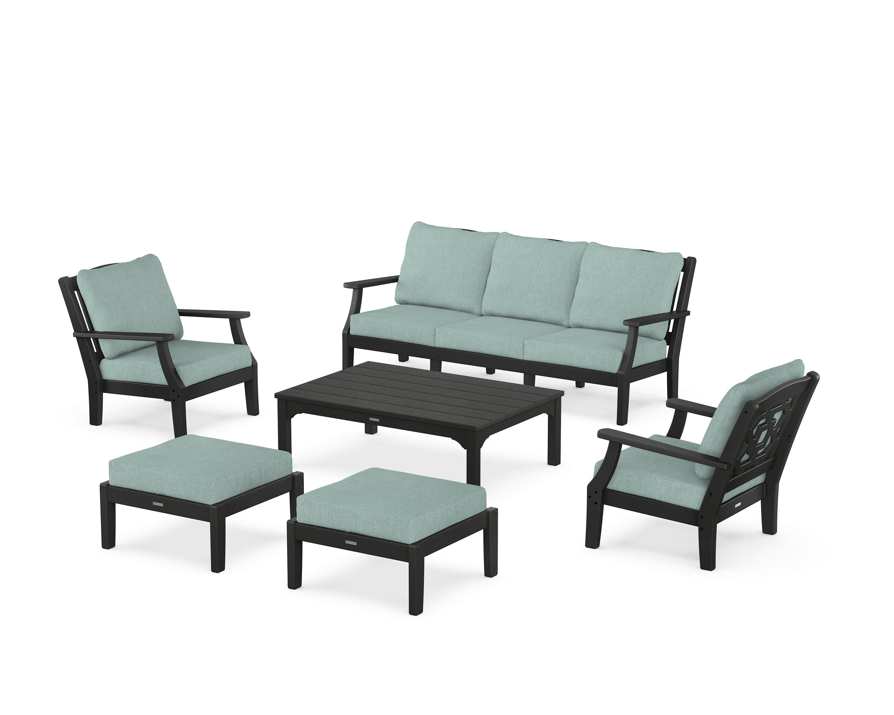 Martha Stewart by POLYWOOD® Chinoiserie 6-Piece Lounge Sofa Set in Black / Glacier Spa