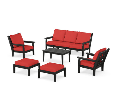 POLYWOOD® Chippendale 6-Piece Lounge Sofa Set in Black / Crimson Linen