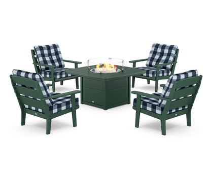 POLYWOOD® Lakeside 5-Piece Deep Seating Set with Nautical Fire Pit Table in Green / Buffalo Plaid Marine Indigo