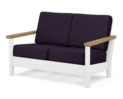 POLYWOOD® Harbour Deep Seating Loveseat in White / Natural / Navy Linen